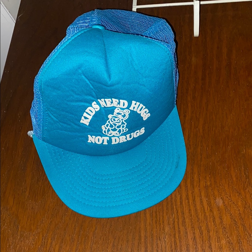 Vintage Blue Trucker Festival Hat Kids Need Hugs Not Drugs